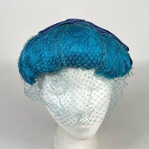 Vintage Teal Feather Fascinator Ladies Hat Birdcage Face Veil Satin Bow